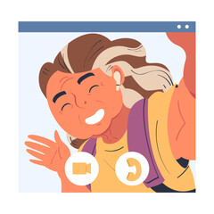 Happy mature woman blogger waving her hand while recording new content for social media. Elderly people video communication vector illustration