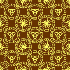 seamless celtic pattern of yellow round elements on a brown background, texture, design