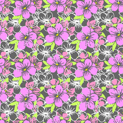 seamless pattern of pink silhouettes and white contours of flowers on a gray background, texture, design