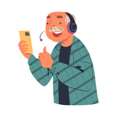 Senior man blogger in headset recording podcast. Elderly vlogger recording video for social media vector illustration