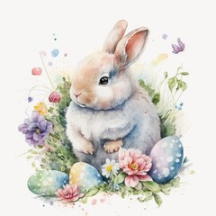 Cute watercolor rabbit in flowers with easter eggs, childish illustration. Created with generative AI