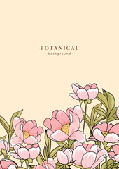 Naklejka premium Victorian style vintage template with pink blooming peony flowers. Floral pattern. Frame design with botanical elements for cover, poster, placard, flyer