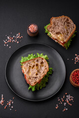 Delicious sandwich with crispy toast, chicken, tomatoes and lettuce