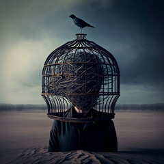 Surreal scene of a person with birdcage instead of head. Realistic illustration