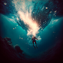 Surreal scene with a person falling underwater like a comet. Realistic illustration