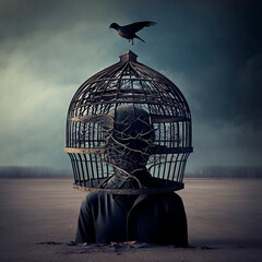 Surreal scene of a person with birdcage instead of head. Realistic illustration