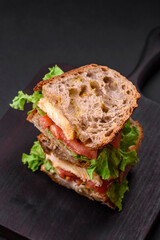 Delicious sandwich with crispy toast, chicken, tomatoes and lettuce