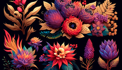 Vibrant floral arrangements and decoration. Realistic illustration