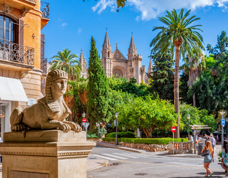 Sphinx statue on Passeig del Born street with Cathedral at background, Palma de Mallorca, Balearic islands, Spain