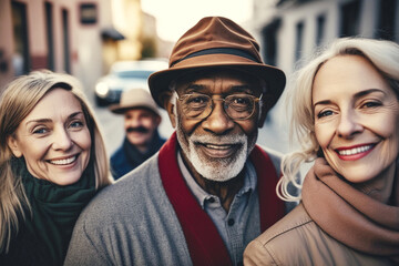 two mature elderly women with two mature elderly men in its narrow side street outdoors in early evening daylight, multi-ethnic group in leisure meet outdoors. Generative AI