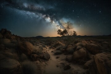 Obraz na płótnie Canvas a night time scene of a desert with rocks and a tree with a star filled sky in the background and stars in the sky above. generative ai