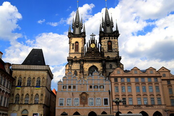 Gothic Church of Virgin Mary in front of Tyn, Tyn Church in Prague, on Old Town Square. Medieval architecture Prague, buildings, houses, churches
