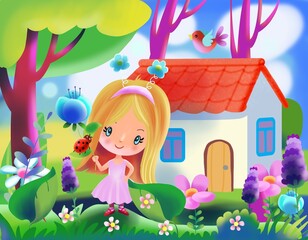 Cartoon girl with a flower and a ladybug on the background of a fabulous house and garden