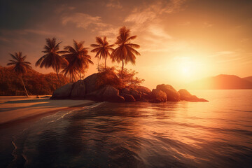 Fototapeta na wymiar Paradise Island with Palm Trees at Sunset