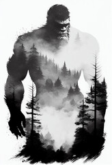 Muscular sasquatch with double exposure mountain forest fog