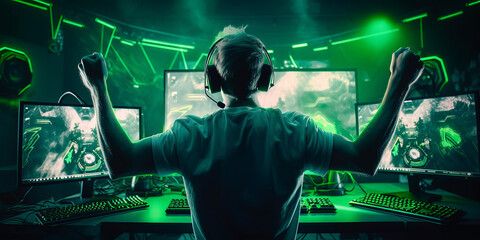 A professional eSports player celebrates their triumph in the green lit game area. - Generative AI