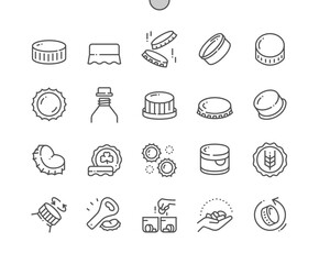 Bottle caps. Reuse plastic caps. Different types of cap. Pixel Perfect Vector Thin Line Icons. Simple Minimal Pictogram