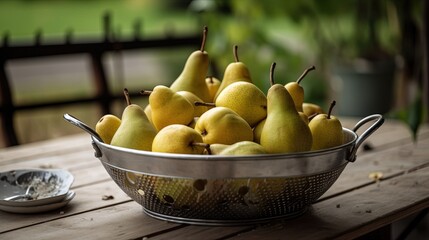 Pears inside a metal colander on a wooden table Generative AI