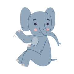 Funny Elephant with Large Ear Flaps and Trunk Sitting and Waving Paw Vector Illustration
