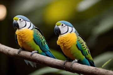 Obraz premium Parakeet parrot in the treetops in a tropical rainforest. Wildlife concept of ecological environment. Generative AI