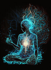 Luminescent abstract human meditating in a sitting pose. Energy esoteric yogi practice watercolor digital art generative ai