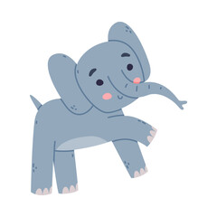 Funny Elephant with Large Ear Flaps and Trunk Stamping and Smiling Vector Illustration