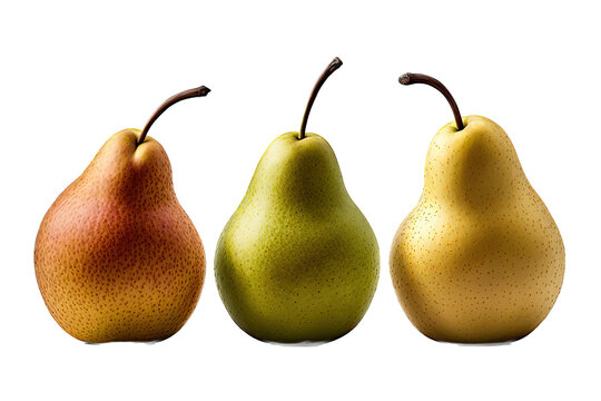 a summer-themed illustration photo featuring three isolated juicy yellow, green, and red pear fruits arranged with leaves set on a transparent background in PNG. Generative AI