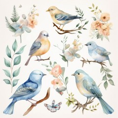 Fototapeta premium Set of watercolor isolated birds on branches clipart.Created with generative AI