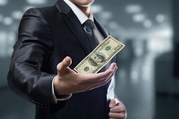 Businessman showing falling dollar in hand .