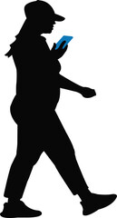 a woman walking and using smart phone, silhouette vector
