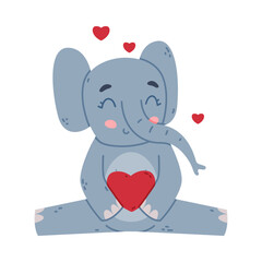 Funny Elephant with Large Ear Flaps and Trunk Holding Red Heart and Smiling Vector Illustration