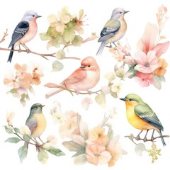 Set of watercolor isolated birds on branches clipart.Created with generative AI