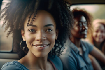 Fototapeta premium young adult woman sitting in car, trip by car, sunny weather, passenger seat. Generative AI