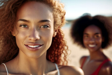 friends on the beach, fictional place. Generative AI