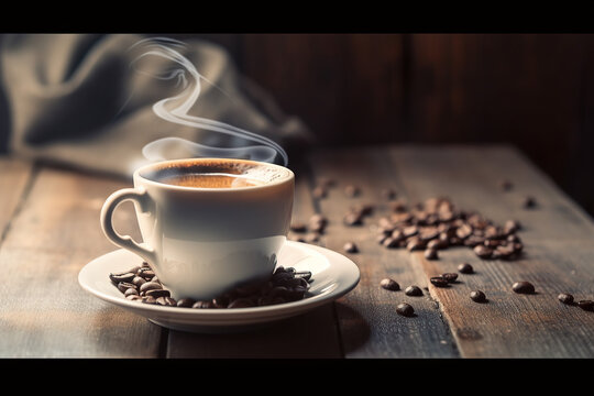 Hot cup of coffee with beans, wooden table and background, copy space, ai generative