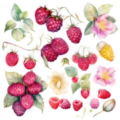Set of watercolor isolated raspberries with leaves clipart.Created with generative AI