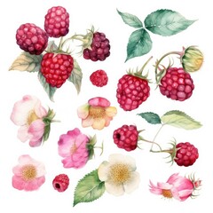 Set of watercolor isolated raspberries with leaves clipart.Created with generative AI
