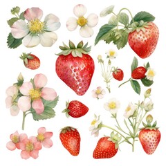 Set of watercolor isolated strawberries with leaves clipart.Created with generative AI