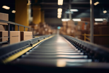 Warehouse Logistics. Conveyor belt transporting packages inside a busy warehouse. Manufacturing and distribution concept. AI Generative