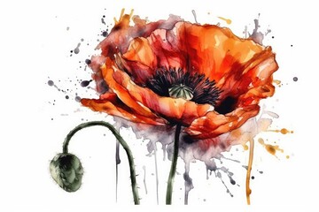 Set of watercolor red poppies.Created with generative AI