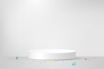 White Stage Podium With Falling Colorful Confetti On Background. Vector Illustration