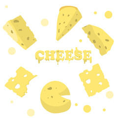 Cheeses in a variety of shapes. There are 6 different kinds of cheese in the set. Vector illustration of food on white background.
