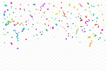 Many Falling Colorful Tiny Confetti And Ribbon On Transparent Background. Celebration Event and Party. Multicolored. Vector