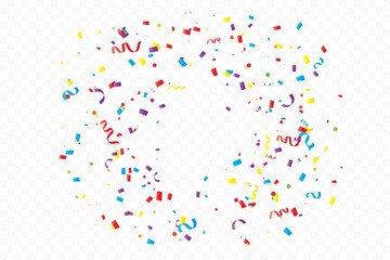 Many Falling Colorful Tiny Confetti And Ribbon On Transparent Background. Celebration Event and Party. Multicolored. Vector