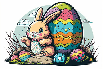 Cute easter bunny standing surrounded by colorful easter eggs, clouds in the background, cartoon style