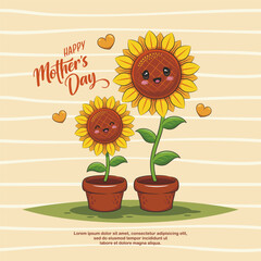 Happy Mothers Day With Cute Sunflowers In Pot. Kawaii Vector Cartoon Illustration