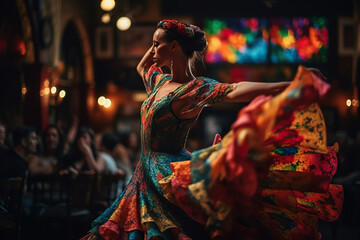 A passionate flamenco dancer is seen twirling and moving gracefully in a colorful Spanish street, embodying the essence of Andalusian culture | Flamenco in the Streets of Andalusia AI GENERATIVE - obrazy, fototapety, plakaty
