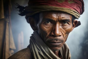 Portrait of indonesian skinny farmer. Generative AI