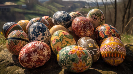 Traditional painted Easter eggs in the open air with low camera position