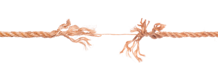 Long frayed rope near to break. Isolated png with transparency